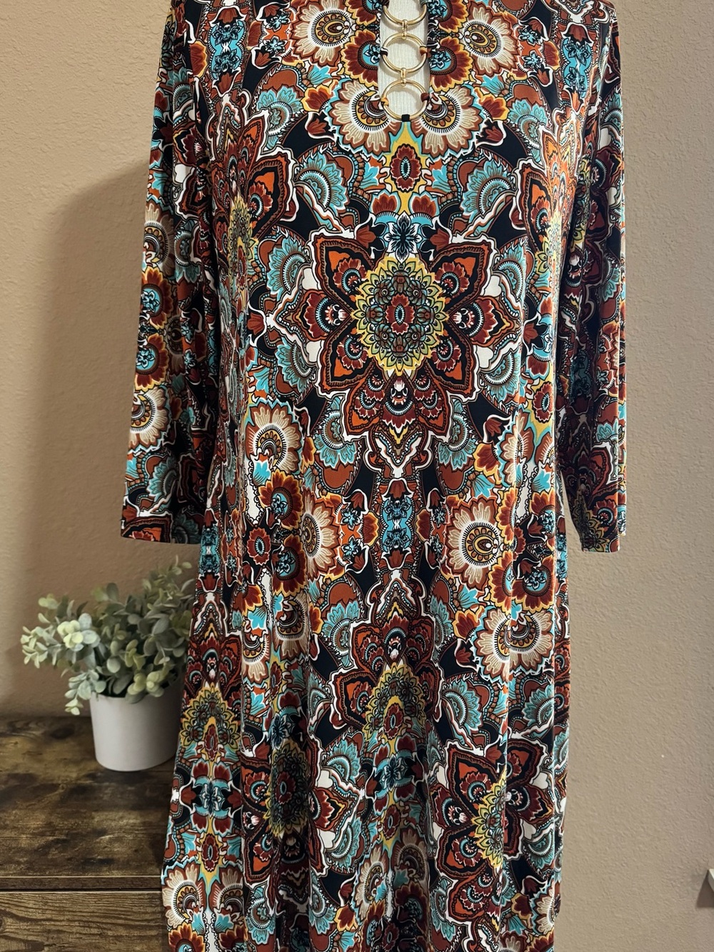 MSK Brown and Teal Medallion Long-Sleeve Dress with Ring Detail